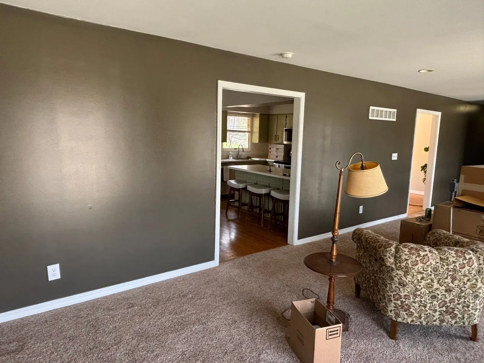 Living room with charcoal walls and white trim