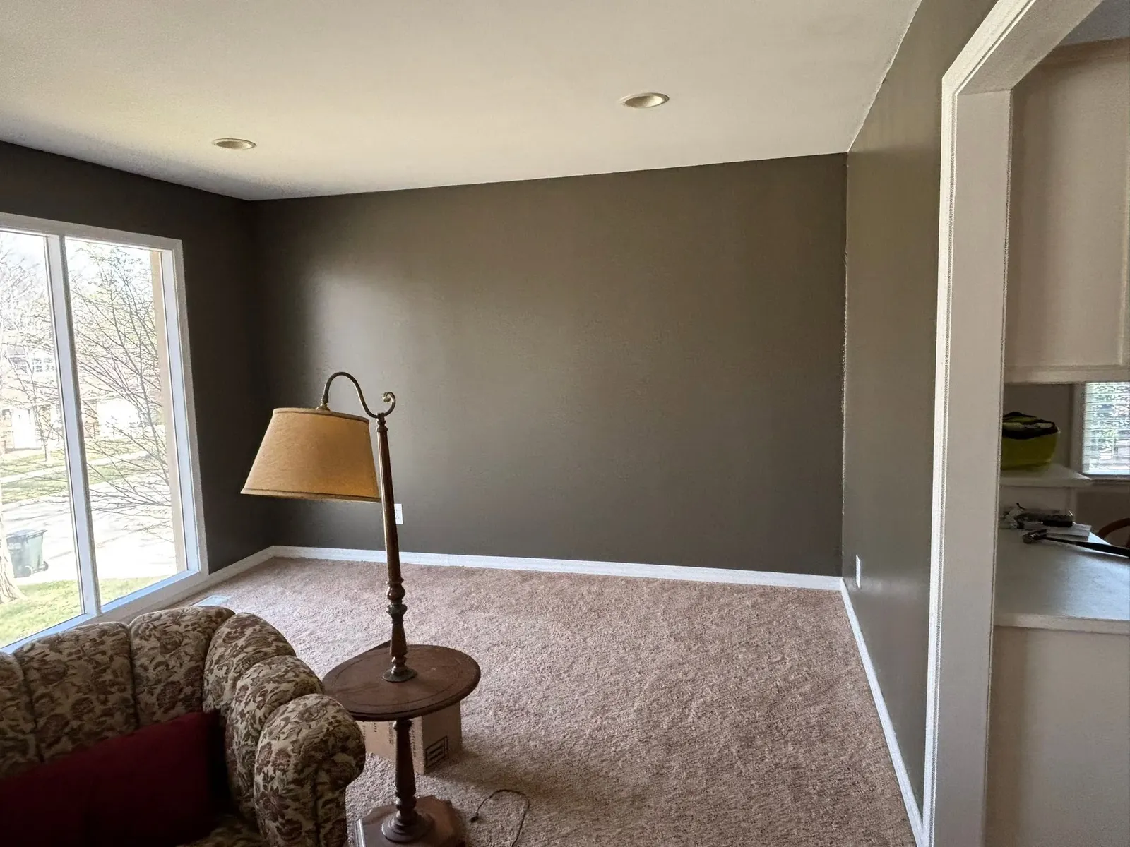 Sunlit family room with deep charcoal walls